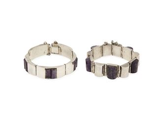 221
A Group Of Antonio Pineda Silver And Amethyst Bracelets
Two works:

A hinged bracelet with alternating silver and amethyst links and pin clasp
1948-1953; Taxco, Mexico
Crown mark for Antonio Pineda; Further stamped: Silver by Tono
6.625" L x 0.625" H

A hinged bracelet with convex long silver links with central inset amethysts
1953-1979; Taxco, Mexico
Crown mark for Antonio Pineda; Further stamped: [Eagle 17] / Hecho en Mexico / Silver / 970
7.25" L x 0.625" H

2 pieces
Estimate: $1,000 - $1,500