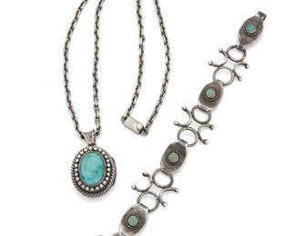 224
A Group Of Antonio Pineda Sterling Silver And Hardstone Jewelry
Two works:

A jade locket suspended from a detachable chain
1962-1963; Taxco, Mexico
Crown mark for Antonio Pineda; Further stamped: Los Castillo / Soc Coop Scl Sec 2 / Hecho en Mexico / [Eagle 58] / 970
20" L x 1.625" H

A delicate silver link bracelet with turquoise cabochons
1941-1950; Taxco, Mexico
Stamped: AP / Taxco / 980
7.5" L x 1" H

3 pieces
92.4 grams gross
Estimate: $600 - $800
