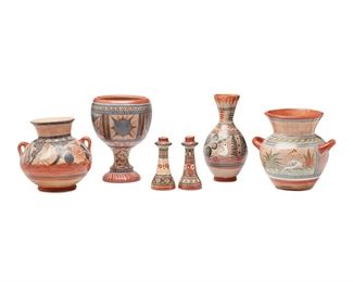232
A Group Of Tonalá Pottery Items
Five groupings:

A two-handled jar with dove and pink flower
Circa 1970s; Tonalá, Mexico
Signed: I. J. J. / Mexico
9.25" H x 10.25" W x 8.5" D

A large chalice sun face and flowers
Circa 1970s; Tonalá, Mexico
11" H x 7.75" Dia.

A two-handled jar with dove, rabbit, and pink flower
Circa 1970s; Tonalá, Mexico
Marked: Mexico
8.75" H x 9.25" W x 8.75" D

A vase with dove and daisies
Circa 1970s; Tonalá, Mexico
Marked: Mexico
11.25" H x 5.25" Dia.

A near-pair of candlesticks
Circa 1970s; Tonalá, Mexico
One signed: Lucano / Mexico
6.5" H x 3.125" Dia. approximately

6 pieces

Estimate: $400 - $600