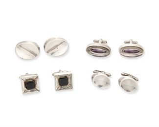 244
A Group Of Antonio Pineda Silver And Gemstone Cufflinks
1948-1979; Taxco, Mexico
Each with crown mark for Antonio Pineda; Each variously further stamped: [Eagle 208 or Eagle 17] / Hecho en Mexico / 970 / Sterling / Mexico / Silver / JVL Taxco ; Small silver cufflinks attributed to Pineda
Comprising two pairs of "thumbprint" silver cufflinks (1" H and 0.75" H), a pair of amethyst oval cufflinks (1.25" H), and a pair of onyx square cufflinks (0.75" H)

8 pieces
84.5 grams gross
Estimate: $500 - $700