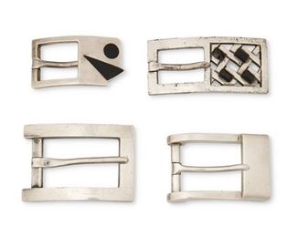 247
A Group Of Antonio Pineda Silver And Onyx Belt Buckles
Four works:

A silver buckle with inlaid black abstract design
1962-1963; Taxco, Mexico
Marked for Antonio Pineda; Further stamped: [Eagle 58] / Hecho en Mexico / 925 / Los Castillo / Soc / Coop / SCL / Sec2
1" H x 2" W

A buckle with lattice work design and onyx stones
1953-1979; Taxco, Mexico
Marked for Antonio Pineda; Further stamped: [Eagle 17] / Silver / Sterling / Mexico / 970 / PZ195
1.125" H x 2.5" W

A heavy silver buckle
1953-1979; Taxco, Mexico
Marked for Antonio Pineda; Further stamped: [Eagle 17] / Hecho en Mexico / Silver / 925 / PZ127
1.625" H x 2.25" W

A smaller heavy silver buckle with wave design ends
1962-1963; Taxco, Mexico
Marked for Antonio Pineda; Further stamped: [Eagle 58] / Hecho en Mexico / 925 / Los Castillo / Soc / Coop / SCL / SEC2 / PZ121
1.25" H x 2" W

4 pieces
193.5 grams gross
Estimate: $400 - $600