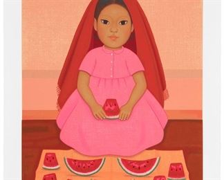 250
Gustavo Montoya (1905-2003, Mexican)
Two works from "Los Niños Mexicanos" series, 1993-95

Girl with watermelon; and Girl with doll
Each: Color screenprint on wove paper
Each: Signed g montoya [sic], numbered 120/250P (the first) and 170/250 (the second), and inscribed "To my friends" all in pencil in the lower margin; an unidentified blindstamp in the lower margin at left; Enrique Cattaneo prntr



Image of each: 23.5" H x 17.75"; Sheet of each: 27" H x 21.25" W <br /> <br /> Image of each: 23.5" H x 17.75"; Sheet of each: 27" H x 21.25" W <br /> <br />
Estimate: $500 - $700