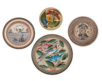 258
Four Tonalá Pottery Chargers
Four works:

Opaque charger with polychrome floral motif
Circa 1920s; Tonalá, Mexico
Marked: Mexico
12.75" Dia.

Charger with two doves and checkered border
Circa 1970s; Tonalá, Mexico
15.5" Dia.

Charger with campesino water carrier, by Florentino Jimón Barba
Circa 2000s; Tonalá, Mexico
Signed: Jimon / Mexico
16" Dia.

Large charger with a parrot and floral design, by Florentino Jimón Barba
Circa 1990s; Tonalá, Mexico
Signed: Jimon / Mexico
19.75" Dia.

4 pieces
Estimate: $200 - $300