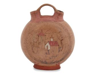260
A Mexican Pottery Jug
19th Century
The handled jug with hand-painted eagle and snake emblem and an American flag to one side and an architectural scene to the other
8.875" H x 7" W x 2.75" D
Estimate: $200 - $300