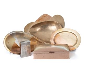 274
A Group Of Mexican Mixed-Metal Table Items
Five works:

A Los Castillo mixed-metal and sterling silver cigarette case
Third-Quarter 20th Century; Taxco, Mexico
Marked: Sterling / Los Castillo / Taxco / [Eagle 15]
The lidded cigarette case with "MRA" to the front
3.625" H x 2.375" W x 1.25" D
4.39 gross oz. troy approximately

A Los Castillo mixed-metal footed tray
Third-Quarter 20th Century; Taxco, Mexico
Marked: Los Castillo / Taxco / Hecho en Mexico / Handwrought / 240
With scalloped sides
1.375" H x 11.25" W x 9.125" D

A Los Castillo mixed-metal footed tray
Third-Quarter 20th Century; Taxco, Mexico
Marked: Los Castillo / Taxco / Hecho a Mano / 95
In a tear drop form
1.125" H x 10.5" W x 5.5" D

A mixed-metal oval tray
Third-Quarter 20th Century
Unmarked
0.125" H x 7.375" W x 5.75" D

A Metales Casados mixed-metal humidor box
Third-Quarter 20th Century
Marked: E2 / Handwrought / Metales Casados
The humidor box with hinged lid and wood interior
2" H x 7.75" W x 4.375" D

5 pieces