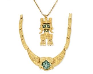 276
A Group Of Salvador Terán Aztec-Motif Jewelry, For Marbel
1950-1960; Taxco, Mexico
Each with cast mark: Marbel / S. A. / Salvador / Mexico; Further variously marked with design number
Each in 22K gold-plated base metal, comprising a pendant with green ceramic face and accompanying chain No. 15 (25" L x 4.5" H x 2" W), and a hinged collar necklace with an inset ceramic face No. 11 (15.25" L x 1.75" H)

3 pieces
164.3 grams gross
Estimate: $200 - $400