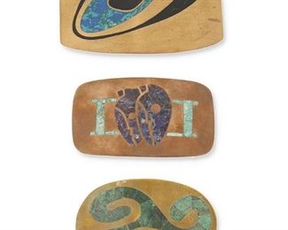 299
A Group Of Los Castillo Inlaid Brass Belt Buckles
Mid-20th Century; Taxco, Mexico
Each stamped: Los Castillo / Taxco; Each further variously stamped "Hecho en Mexico" and with design number
Comprising a buckle with inlaid blue, green, and black enamel No. 3 (2.875" H x 5.125" W), a rectangular buckle with blue and green stone inlay No. 4 (2.375" H x 4.125" W), and an oval buckle with green stone inlay and removable fastener No. 20 (2.5" H x 4.125" W)

3 pieces
375.6 grams
Estimate: $200 - $300