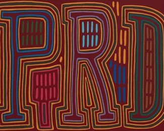 307
Panamanian School (Fourth-Quarter 20th Century)
"PRD" (Partido Revolucionario Democrático)
Mola stitched from various fabrics under glass
Attributed, by repute, to the Kuna people, San Blas Islands, Panama
Sight: 12.25" H x 16.625" W
Estimate: $200 - $300