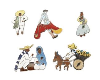 324
A Group Of Margot De Taxco Figural Silver And Enamel Brooches
1955-1978; Taxco, Mexico
Each stamped: Margot de Taxco / Sterling / Made in Mexico / [Eagle 16]; Each further stamped with design number
Designed by Margot Van Voorhies, comprising a group of figural brooches consisting of two standing figures: a woman with pot on her head and a man with a hat (each No. 5419); a matador with red cape (No. 5432); a seated couple with baby (No. 5814); and a farmer on flower cart with donkey (No. 5808)

5 pieces
Size range: 1.5" to 2" H
68.2 grams gross
Estimate: $500 - $700