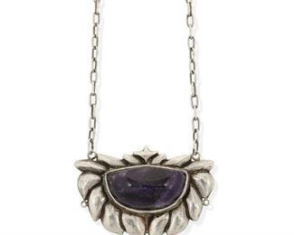 333
A Rafael Melendez Silver And Amethyst Necklace
1942 or later; Taxco, Mexico
Stamped with conjoined RM for Rafael Melendez; Further stamped: Taxco / 980
A wide silver plaque with central set stone suspended from two chains
19" L x 1.75" H
56.8 grams
Estimate: $300 - $500