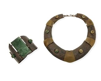 343
Two Casa Maya Mixed-Metal Jewelry Pieces
Second Half 20th Century
Each stamped: Maya / Mexico
Comprising a brass and copper collar necklace set with green stones and a matching link bracelet set with a large center plaque of carved green stone

2 Pieces
Necklace: 16" L x 2" H; Bracelet: 8" L x 2.625" H
314.6 grams gross
Estimate: $300 - $500