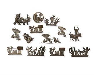 352
A Large Group Of Mexican Silver Brooches
Mid-20th Century; Mexico
Variously marked: Mexico / Silver / 925 / Sterling / Taxco / 980 / Plata / Made in Mexico; One marked: Martinez / [Eagle 3]
Comprising various figural brooches in different techniques, consisting of figures in a landscape, some with tiny set-turquoise and copper accents, some with donkeys, a matador and bull, seated figures, and a few of the same motif with minor variations

13 pieces
Size range: 2" H to 1.125" H and 3" W to 1" W
133.8 grams gross
Estimate: $100 - $200