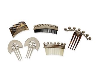 356
A Group Of Silver Hair Combs
Six works:

Two Miguel silver three-pronged hair forks
Mid-20th Century; Mexico
Each stamped: Miguel / Sterling / Mexico / 925
3.75" H x 2.625" W

Three Héctor Aguilar silver and plastic hair combs of various sizes and shapes
Mid-20th Century; Mexico
Two stamped: HA [cipher] / Made in Mexico / Sterling; One stamped: HA / Taxco / 940 / [Eagle 9]
Size range: 1.5" H to 2" H x 3.5" W to 4.75" W

One four-pronged silver and plastic comb with large and small silver balls in a hinged crown design
Mid-20th Century; Mexico
Appears unmarked
4.25" H x 5" W

6 pieces
245 grams gross
Estimate: $200 - $400