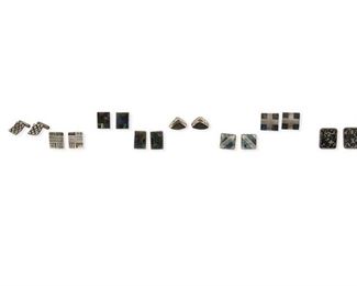 358
A Large Group Of Silver And Stone-Set Cuff Links
Eight works:

Two pairs of Piedra Y Plata inlaid stone and silver cufflinks
Mid-20th Century; Mexico
Each variously stamped for Piedra Y Plata or Felipe Martinez; Further stamped: Taxco / Mexico / Sterling / 925 / [Eagle 3] / 760
0.75" H and 0.875" H

A pair of Enrique Ledesma obsidian and silver cufflinks
Mid-20th Century; Mexico
Stamped: Ledesma / Taxco / Hecho en Mexico / 925 / [Eagle 3] / 289
0.875" H

A pair of Héctor Aguilar geometric silver cufflinks
Mid-20th Century; Mexico
Stamped with conjoined HA; Further stamped: Taxco / Mexico / .940 / [Eagle 9] / Taller Borda
0.75" H

Fou pairs of Carmen Beckmann cufflinks, comprising stone-set agate, inlaid stone mosaic, and incised silver designs
Mid-20th Century; Mexico
Each stamped: [Beckmann or Bekmann] / Sterling / Mexico
Size range: 0.625" H to 1" H

16 pieces
123.6 grams gross
Estimate: $200 - $300