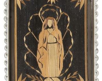 359
Martha Ewing
20th/21st Century, Latin American
Our Lady Of Guadalupe, 2003
Straw appliqué on panel set into a chased and repoussé tin frame
Incised signature and date on verso of frame: Martha Ewing
5.25" H x 3" W
Estimate: $75 - $125