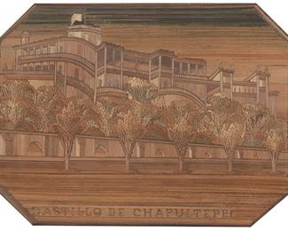 360
Mexican School (20th Century)
"Castillo de Chapultepec," circa 1930s
Tinted straw appliquéd to panel under glass
Titled lower center, dated by repute



5.5" H x 7.25" W
Estimate: $200 - $300