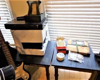 RCA HDMI w/Speakers, Intertek , Pr. S;ate Top End Tables, Harmony Electric Guitar, Vintage ViewMasters & Reels