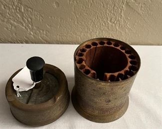 Brass ashtray and cigarette holder