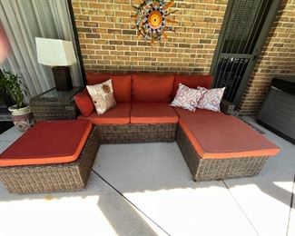 4 piece patio set: chaise, love seat, ottoman, glass top table