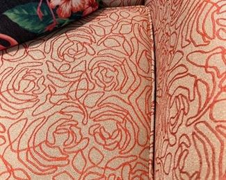 Side chairs: Stone colored background with burnt red/orange swirl print