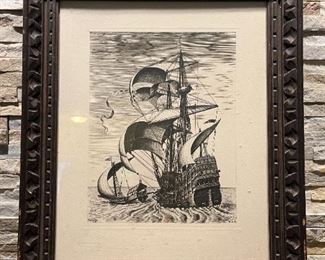 Engraving Lithograph XXC Marine Boat, signed & stamped "FH Bruegel"