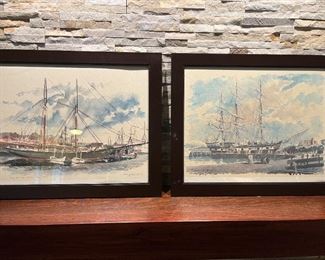 L.A. Dunton Mystic Sea Port signed watercolor, Paul H. Norwood, and The Charles W. Morgan signed watercolor, Paul H. Norwood