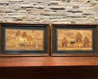 African Primative Tribal Art c1940's, shaved palm & bamboo village scene