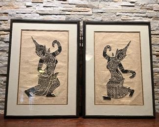 Thai Temple Rubbing Stone Dancers Ink Art on Rice Paper