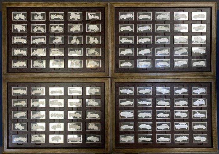 For your consideration is this collection of (100) Sterling Silver Car Art Bars in Chest, Franklin Mint.  Wow!  These are the full size, 1000 Grain Sterling Silver bars (NOT the miniature set which goes for way less).  Converted, each bar has approx. 1.93 troy oz  Actual Silver Weight of pure silver.  Comes in a very nice wooden and leather chest.  Features tons of awesome makes and models from the early 1900s to the 70s.  Includes Porsche, Ferrari, Maserati, Ford and so many more!
NOTE: Please do not wait until last minute to bid on anything over $1000 as we will have to manually check and approve your registration.  Reminder: non-payment will get you banned from all HiBid auctions. Please do not bid unless you are ready to pay.