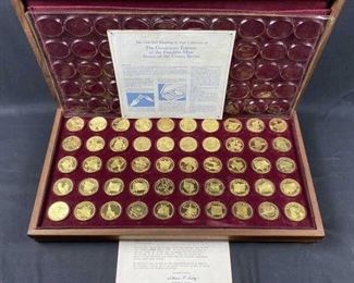 For your consideration is this Vtg. Franklin Mint Chest w/ (50) State Silver Rounds. Solid Sterling rounds with 24K gold plating.  They weigh approx. 33.3g each.  The chest is made of an attractive hardwood (they don't make them like this anymore!)
NOTE: Please do not wait until last minute to bid on anything over $1000 as we will have to manually check and approve your registration.  