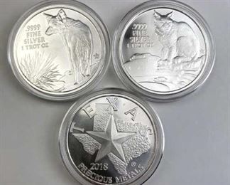 For your consideration is this (3) 2016-18 Texas Precious Metals .9999 Silver