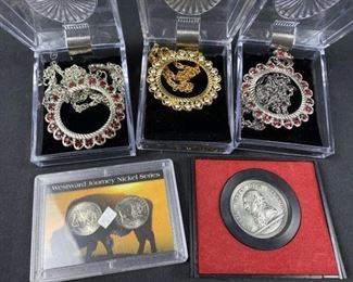 For your consideration is this (3) Fancy Coin Bezel Necklaces w/ Gift Boxes+  The pendant necklaces look like they would fit a Morgan dollar or similar sized coin or medallion.  They have tabs on the reverse to bend over the coin or medal.