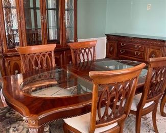 7 Piece Dining Room Table with Inlaid Cut Glass Solid Wood