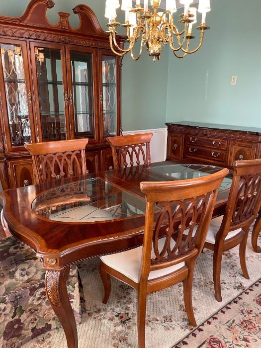 7 Piece Dining Room Table with Inlaid Cut Glass Solid Wood