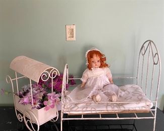 Antique Baby Doll and Wrought Iron Bed Metal Flower Cart