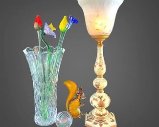 Blown Bubble Paperweight Stem Blown Glass Flowers in Tall Vase