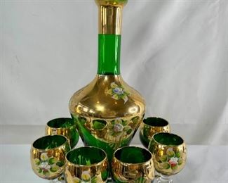 Fantastic Vintage Italian Murano Green 24kt Gold Gilded Decanter with 6 Glasses