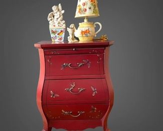 French Provincial Bombe Nightstand and Butterfly Fairy Figurines