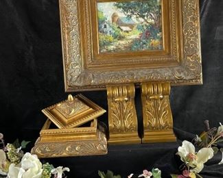 Hand Painted Oil Painting with Burgeon Gold Frame Hollywood Regency Drapery Sconce