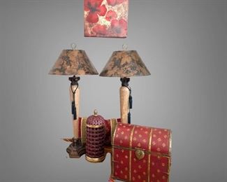 Home Decor Lot of 6 Two Lamps, Poppy Picture, Wine Trunk and More