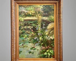Huge Gold Framed Oil Painting Impressionist Pond Flowers