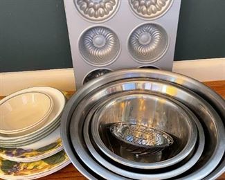 Kitchen Mixing Bowls, Muffin Tin, and Corelle Dishes