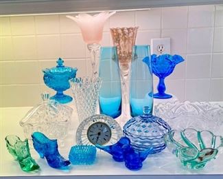 Lot of 17 Cobalt Blue Glass Vases Bowls and Whatnots