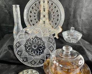 Mixed Lot of Glass Serving Pieces Amber Domed Cake Stand