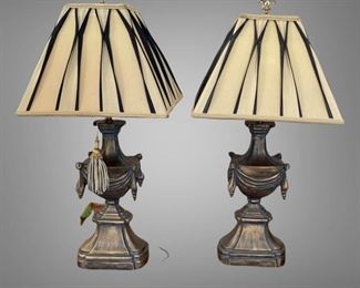 Pair of Beautiful Distressed Lamps with Neutral Beige and Black Pleated Shades