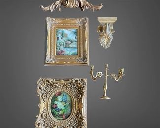 Sconce Brass Candelabra 2 Hand Painted Oil Paintings with Burgeon Gold Frame Decorative Wall Topper