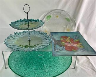 Teal Flower Art Glass 2 Tiered Serving Tray, Cake Plate
