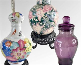 Two Asian Ginger Jars and Clear Plum Ginger Jar