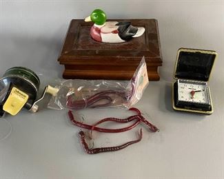 Vintage Fishing Reel, Travel Clock, Fishing Worms, Duck Wooden Box