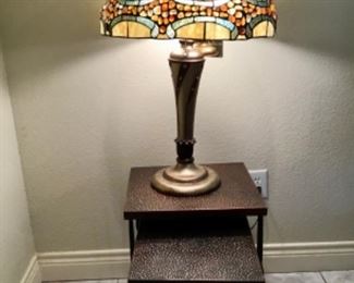 Matching pair of Tiffany Style Lamps, Metal Nesting Table